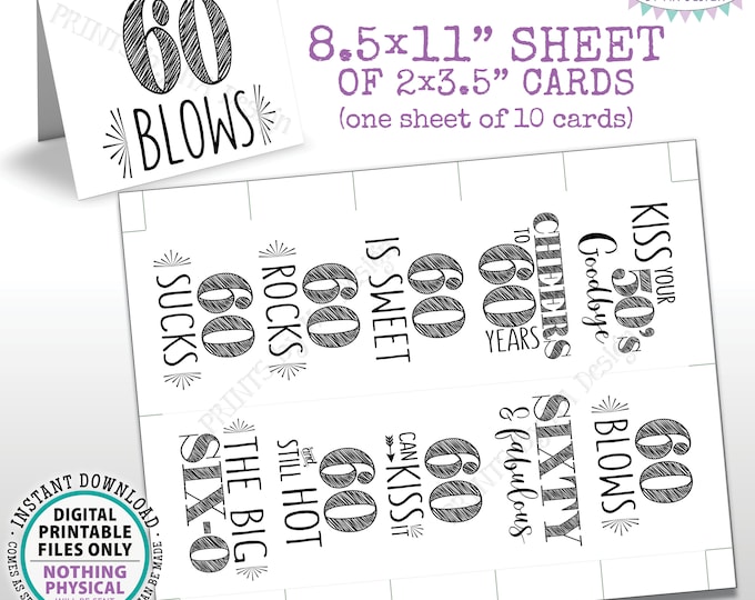 60th Birthday Party Candy Signs, Cheers to 60 Candy Bar, 60 Sucks Blows Rocks Sweet, Kiss 50s Goodbye, PRINTABLE 8.5x11” Sheet of Cards <ID>