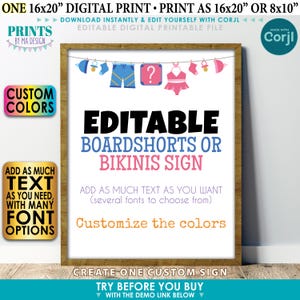 May include: A framed digital print with the text "EDITABLE BOARDSHORTS OR BIKINIS SIGN". The sign includes illustrations of swimwear and accessories hanging on a clothesline. The sign also includes the text "CUSTOM COLORS" and "ADD AS MUCH TEXT".