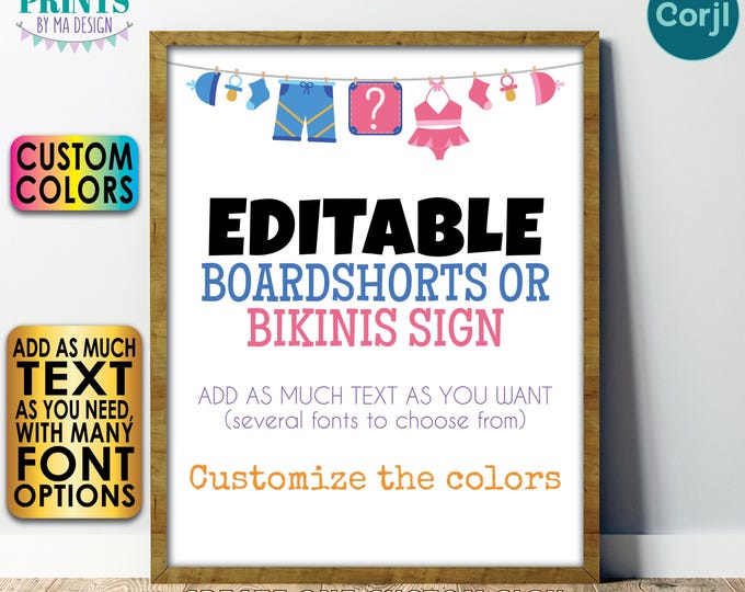 Editable Boardshorts or Bikinis Sign, Gender Reveal Party, Choose Your Text, One PRINTABLE 8x10/16x20” Portrait Sign <Edit Yourself w/Corjl>