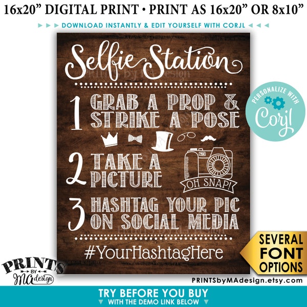 Selfie Station Sign, Share on Social Media, Custom PRINTABLE 8x10/16x20” Brown Rustic Wood Style Hashtag Sign <Edit Yourself with Corjl>