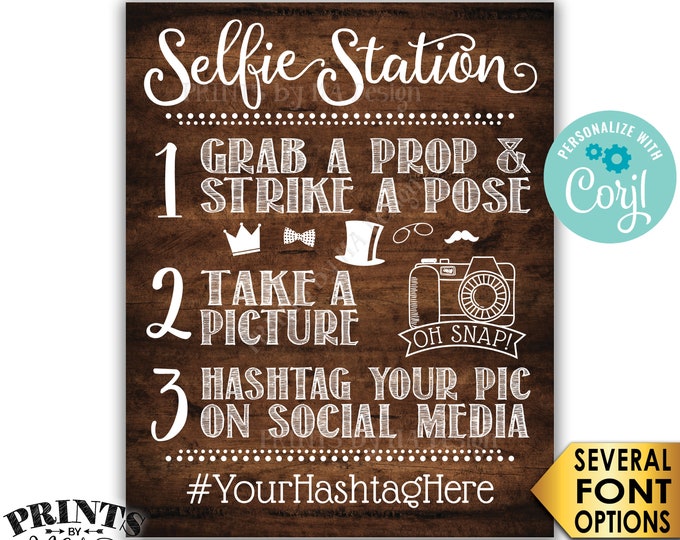 Selfie Station Sign, Share on Social Media, Custom PRINTABLE 8x10/16x20” Brown Rustic Wood Style Hashtag Sign <Edit Yourself with Corjl>