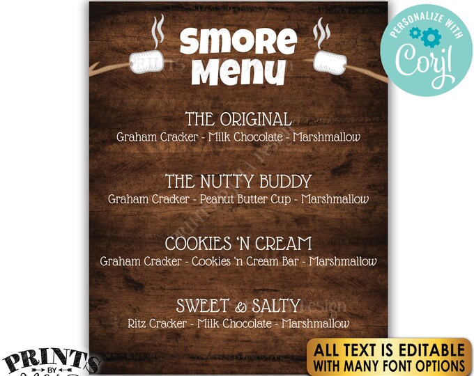 Custom S'more Sign, Smore Station, All Text is Editable, PRINTABLE 8x10/16x20” Rustic Wood Style Smores Menu Sign <Edit Yourself with Corjl>