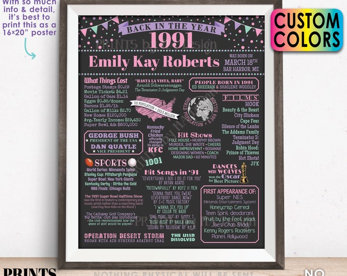 Back in the Year 1991 Birthday Sign, Flashback to 1991 Poster Board, 1991 Birthday Gift, Custom PRINTABLE 16x20” B-day Decoration