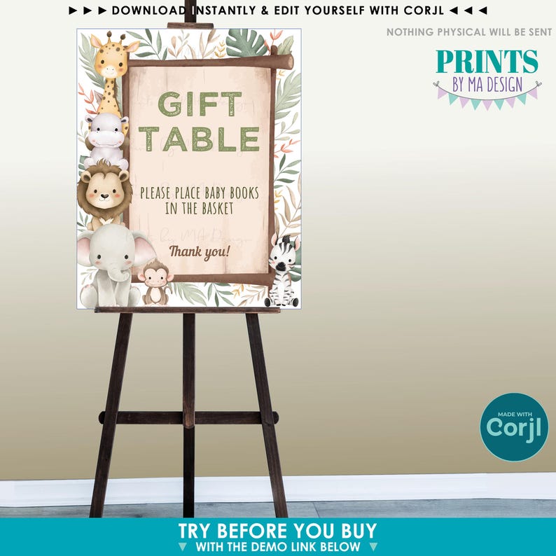 K&ouml;nnte beinhalten: Ein druckbares Schild mit Dschungel-Motiv f&uuml;r einen Babyparty-Geschenktisch. Das Schild hat einen braunen Holzrahmen mit dem Text "Gift Table" in gr&uuml;nen Buchstaben. Das Schild zeigt auch verschiedene Dschungeltiere, darunter eine Giraffe, ein Flusspferd, ein L&ouml;we, ein Elefant und ein Affe. Der Text auf dem Schild lautet "Bitte legen Sie Babyb&uuml;cher in den Korb. Danke!"
