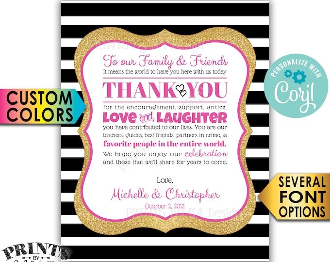 Wedding Thank You Sign, Thank Family and Friends, PRINTABLE 8x10/16x20” Wedding Sign, Gold Glitter & Stripes <Edit Yourself with Corjl>