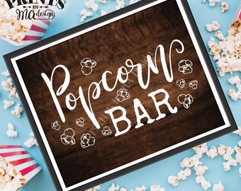 Popcorn Bar Sign, PRINTABLE 8x10/16x20” Brown Rustic Wood Style Sign, Instant Download Digital Printable File <ID>