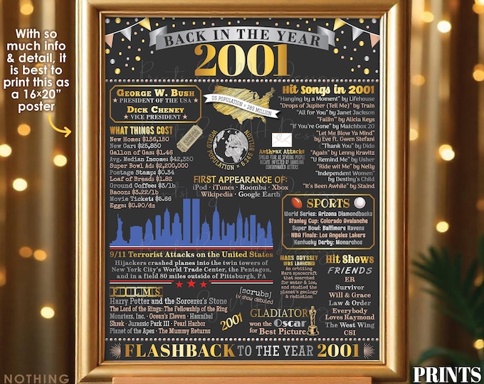 Back in the Year 2001 Poster Board, Remember 2001 Sign, Flashback to 2001 USA History from 2001, PRINTABLE 16x20” Sign <ID>