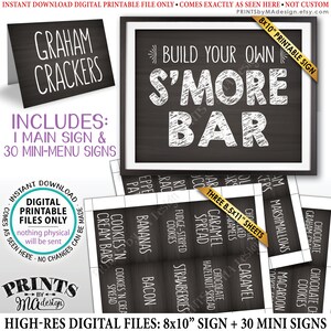 Puede incluir: Archivos digitales imprimibles para una barra de s'mores para construir tu propia. El letrero principal es de 8x10 pulgadas e incluye 30 letreros pequeños. Los letreros son negros con texto blanco e incluyen ingredientes como galletas graham, malvaviscos, chocolate y caramelo.