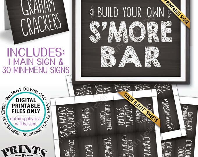 S'more Bar Sign and Labels, Build Your Own S'mores, Smore Station Signs, Party S'more, PRINTABLE Chalkboard Style Sign & Labels <ID>