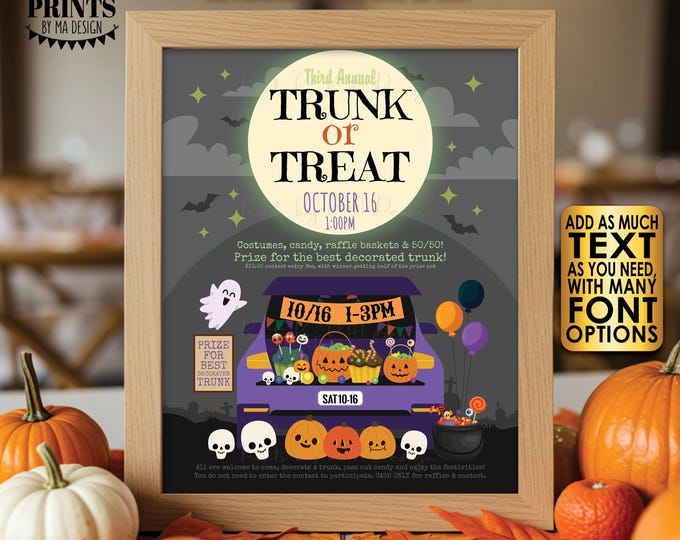 Editable Trunk or Treat Sign, Halloween Party, School, Church, Business, Custom PRINTABLE 8x10/16x20" Digital File <Edit Yourself w/Corjl>