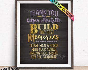 Thanks for Helping Build Memories, Grad Sign a Block, Graduation Party Decorations, Custom Colors PRINTABLE 8x10" Chalkboard Style Grad Sign