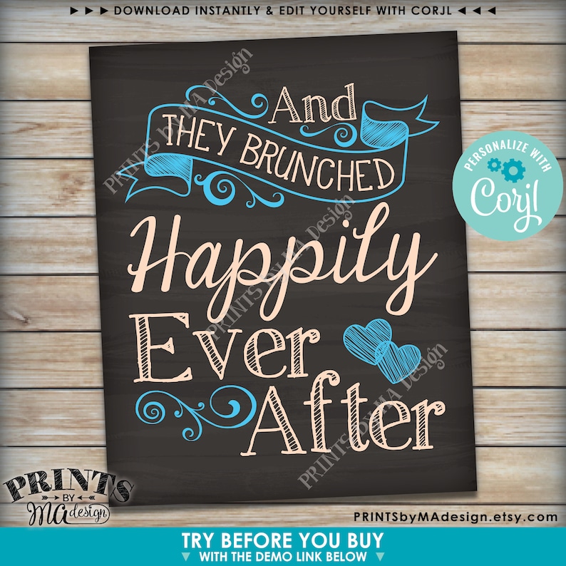 Bridal Shower Brunch Sign, They Brunched Happily Ever After PRINTABLE 16x20” Chalkboard Style Wedding Sign <Edit Colors Yourself with Corjl> image 3