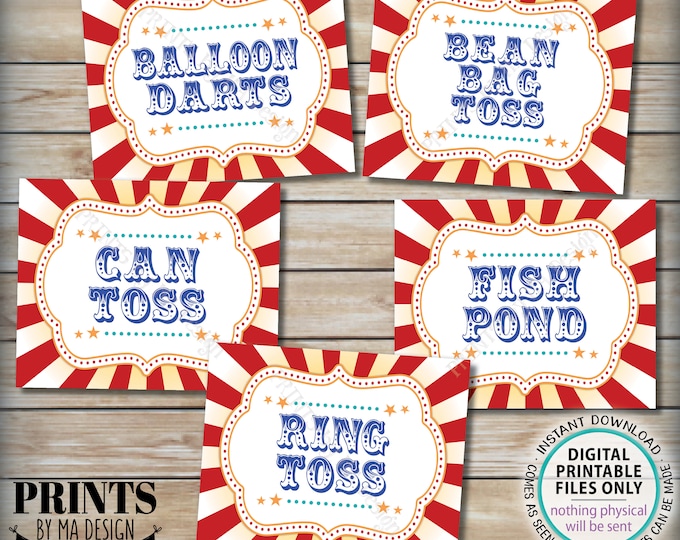 Carnival Games Signs, Circus Party Activities, Can Toss, Ring Toss, Bean Bag, Balloon Darts, Fish Pond, PRINTABLE 8x10/16x20” Signs <ID>