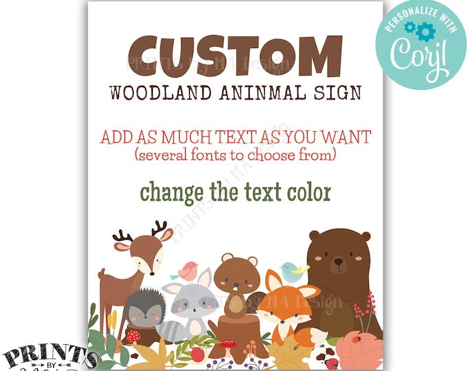 Custom Woodland Animals Sign, Choose Your Text, One PRINTABLE 8x10/16x20” Portrait Forest Animals Sign <Edit Yourself with Corjl>