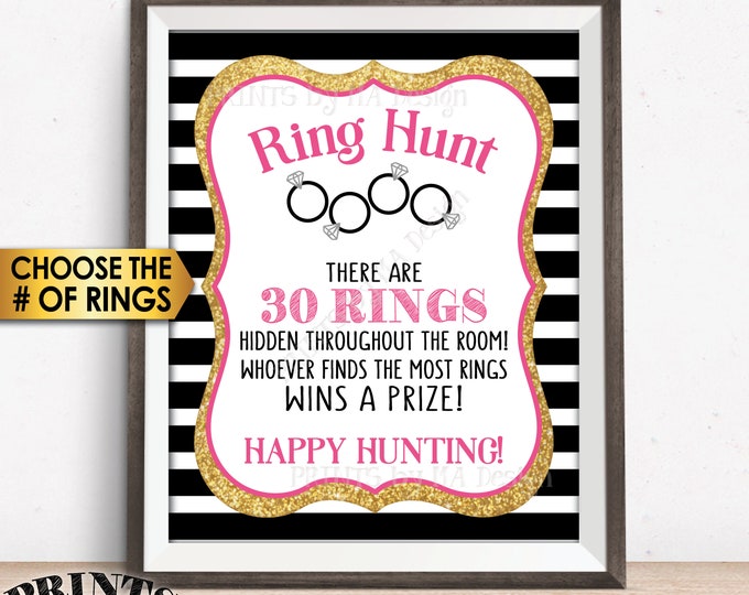 Ring Hunt Game, Ring Hunt Sign, Wedding Bridal Shower Game, Bachelorette Party Scavenger Hunt, Black Pink Gold Glitter PRINTABLE 8x10” Sign