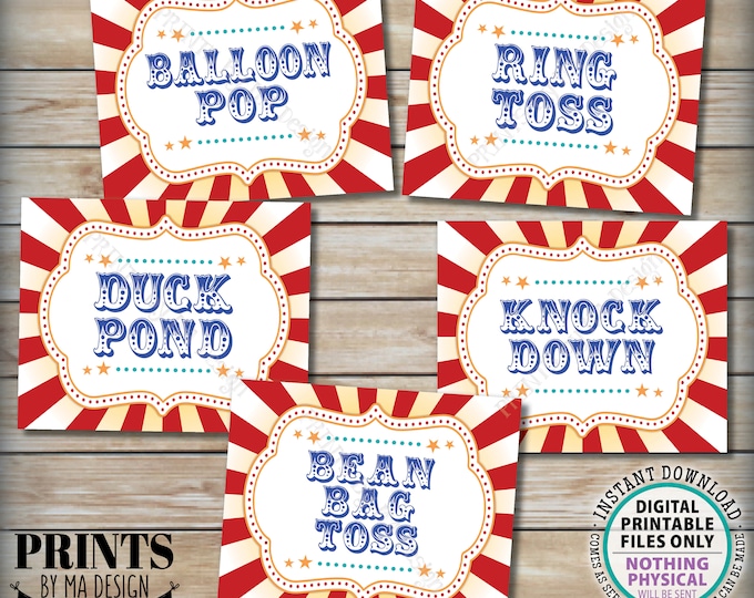 Carnival Games Signs, Carnival Theme Party, Ring Toss Balloon Pop Knock Down Duck Pond Bean Bag, Circus, PRINTABLE 8x10/16x20” Signs <ID>