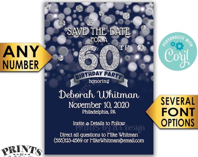 Navy Blue & Silver Glitter Birthday Party Save the Date, PRINTABLE 5x7" Bday STD Invite Card <Edit Yourself with Corjl>