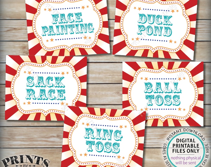 Carnival Games Signs, Circus Activities, Ball & Ring Toss, Sack Race, Duck Pond, Face Painting, Teal PRINTABLE 8x10/16x20” Party Signs <ID>