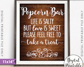 Popcornbarbord, trouwbord, Het leven is zout, de liefde is zoet, neem een traktatie, popcornbord, 11x14 inch, rustieke houten stijl, direct te downloaden en te printen.