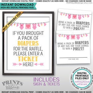 Windel Tombola Tickets & Schild, Geben Sie ein Gewinnspielticket hier ein, Babyparty-Verlosung, Rosa, DRUCKBARE 20x10" Zeichen / 8,5x11" Blatt mit 2,5" Tickets <ID>
