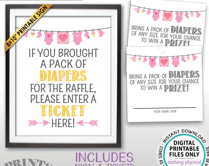 Diaper Raffle Tickets & Sign, Enter a Raffle Ticket Here, Baby Shower Raffle, Pink, PRINTABLE 8x10" Sign/8.5x11" Sheet of 2.5" Tickets <ID>