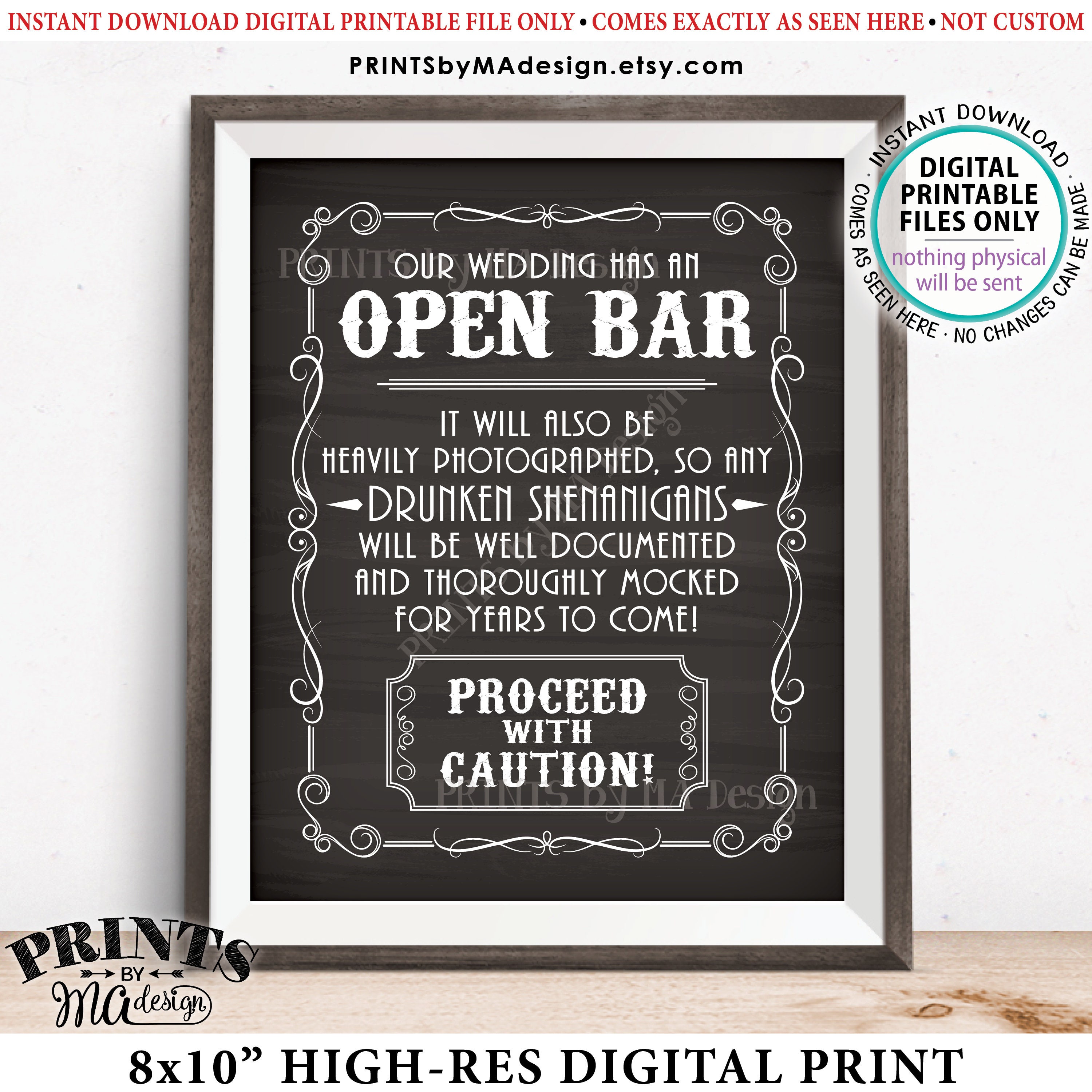 Open Bar Sign, Drunken Shenanigans Sign, Whiskey Alcohol Wedding Bar ...