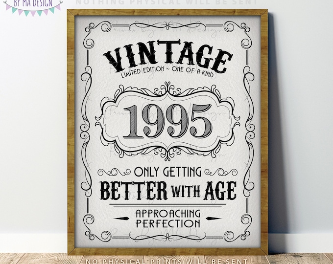 1995 Birthday Sign, Better with Age Vintage Birthday Poster, Aged to Perfection, Textured Style PRINTABLE 8x10/16x20” Instant Download Sign