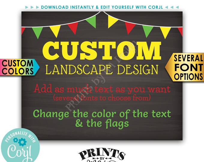 Custom Poster with Flags, Choose Your Text & Colors, PRINTABLE 8x10/16x20” Chalkboard Style Landscape Sign <Edit Yourself with Corjl>