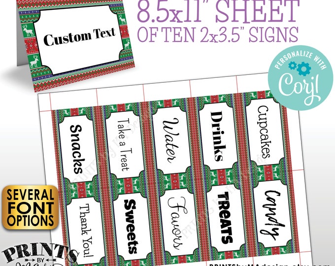 Ugly Sweater Place Cards, Buffet Food Signs, Christmas Party, One PRINTABLE 8.5x11" Sheet of 2x3.5" Labels <Edit Yourself with Corjl>