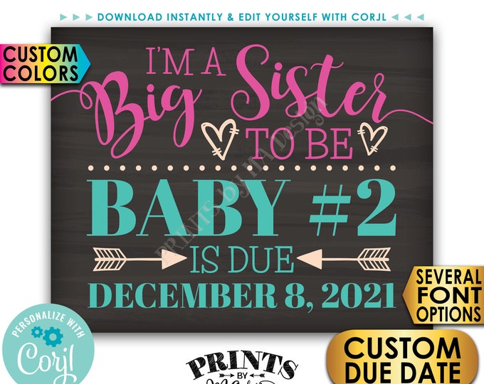 Baby #2 Pregnancy Announcement, I'm a Big Sister to Be, PRINTABLE Chalkboard Style Baby Number 2 Reveal Sign <Edit Yourself with Corjl>