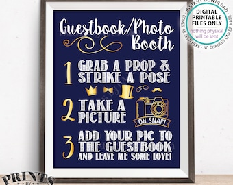 Guestbook Photobooth Sign, Add photo to the Guest Book and Leave Me Some Love, PRINTABLE 8x10/16x20” Navy & Gold Photo Booth Sign <ID>