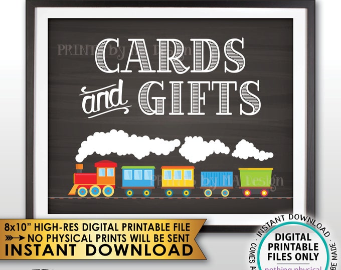 Train Birthday Card & Gifts Sign, Train Theme Birthday Gift Table Sign, Chalkboard Style PRINTABLE 8x10” Sign <ID>