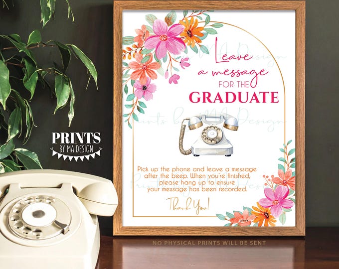 Graduation Audio Guest Book Sign, Voicemail Message, Pink & Orange Flowers, PRINTABLE 8x10/16x20” Guestbook Alternative Sign <ID>