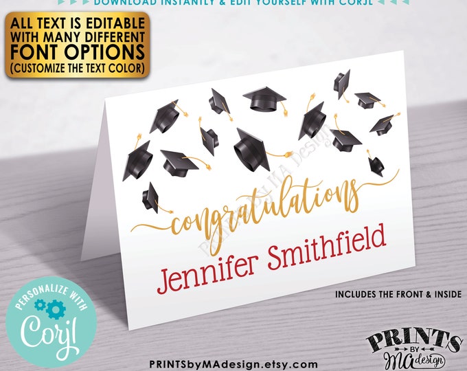Editable Graduation Card, Grad Caps, 5x7" Digital Printable File, 3.5x5” Folded Card, Congratulations Thank You <Edit Yourself w/Corjl>