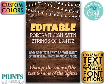 Custom Rustic Wood Style Poster with Lights, Choose Your Text & Colors, One PRINTABLE 24x36” Portrait Sign <Edit Yourself w/Corjl>