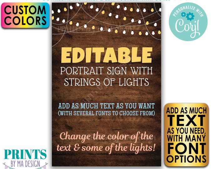 Custom Rustic Wood Style Poster with Lights, Choose Your Text & Colors, One PRINTABLE 24x36” Portrait Sign <Edit Yourself w/Corjl>