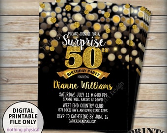 Surprise Birthday Party Invitation, 30th 40th 50th 60th 70th Birthday Invite, Black & Gold Glitter PRINTABLE 5x7" Bday Invite, Digital File
