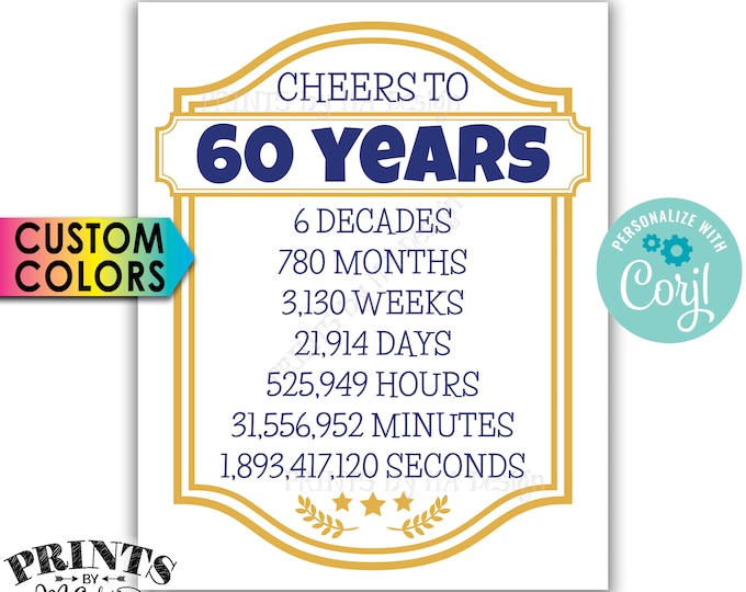 Cheers to 60 Years, 60th Birthday, 60th Anniversary, Cheers & Beers Party, PRINTABLE 8x10/16x20” Sign <Edit Colors Yourself with Corjl>