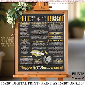 Cartel del 40.º aniversario, recuerdo de 1986, regalo de aniversario de casados de 1986, letrero imprimible de 1986 de 40 x 50 cm. <ID>