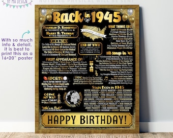 Back in 1945 Birthday Poster Board, Flashback to 1945 Golden Birthday Decoration, ‘45 B-day Gift, PRINTABLE 16x20” Sign, Gold Birthday <ID>