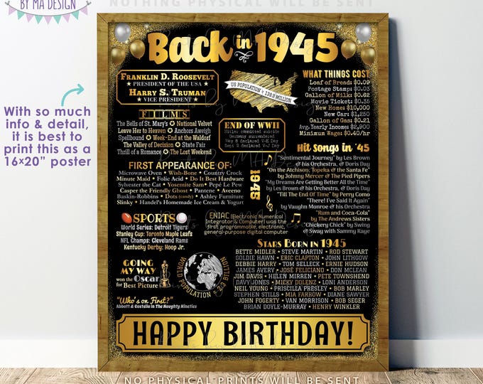 Back in 1945 Birthday Poster Board, Flashback to 1945 Golden Birthday Decoration, ‘45 B-day Gift, PRINTABLE 16x20” Sign, Gold Birthday <ID>