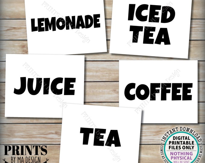Beverage Signs, Drink Station Bundle Package, Coffee, Tea, Iced Tea, Juice, and Lemonade, Five PRINTABLE 8x10/16x20” B&W Signs <ID>