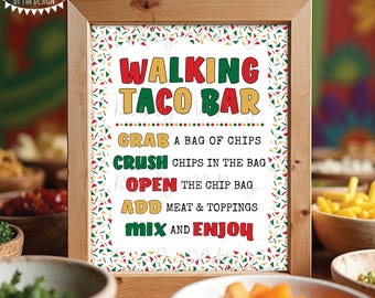 Walking Taco Bar Sign, Cinco de Mayo Fiesta, Sweet Sixteen Birthday Party Graduation, PRINTABLE 8x10/16x20” Tacos Sign, Confetti Border <ID>