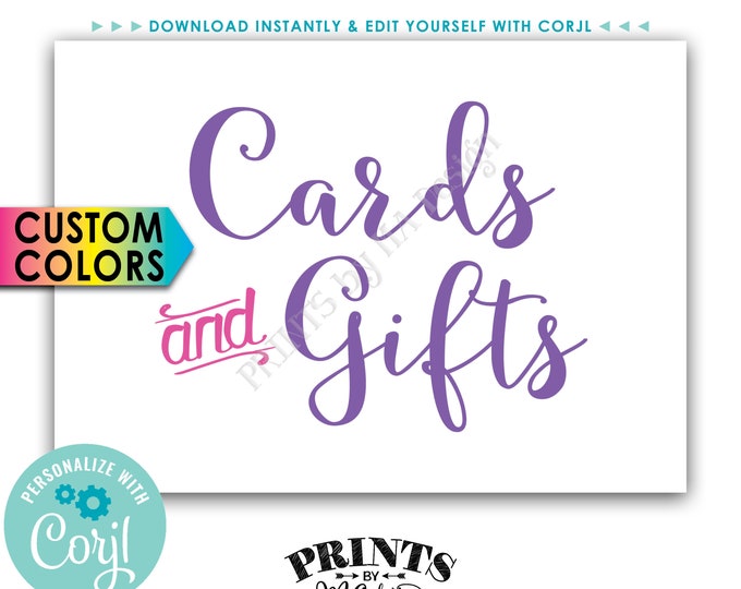 Cards and Gifts Sign, Custom Colors Gift Table Sign, PRINTABLE 5x7" Sign <Edit Colors Yourself with Corjl>