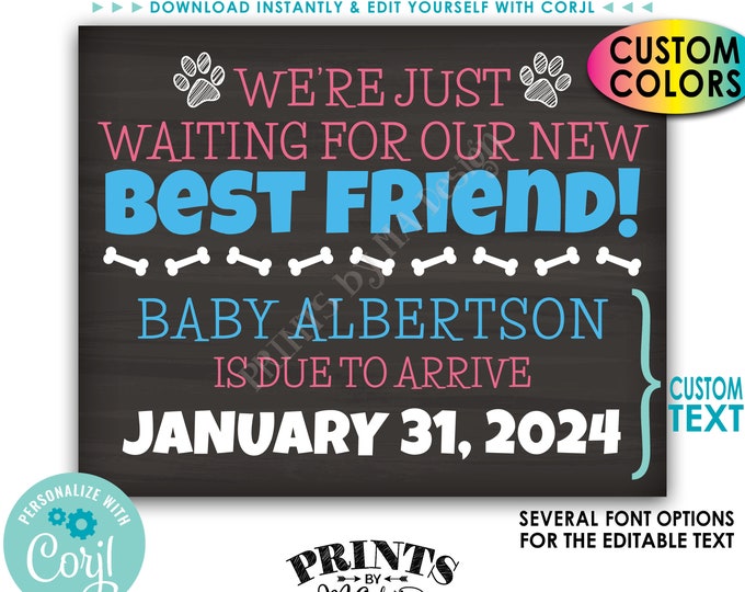 Dogs Pregnancy Announcement, We're Just Waiting for our New Best Friend, Custom PRINTABLE Chalkboard Style Sign <Edit Yourself with Corjl>