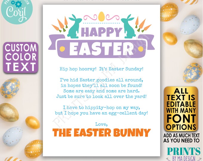 Editable Letter from Easter Bunny, One PRINTABLE 8.5x11” Portrait Digital File, Custom Text and Text Colors <Edit Yourself w/Corjl>