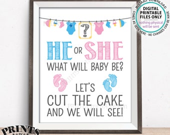 Gender Reveal Cake Sign, Gender Reveal Party He or She What Will Baby Be Cut the Cake to See Pink or Blue, Digital PRINTABLE 8x10” Sign <ID>