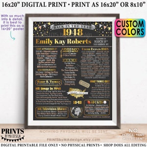 Back in the Year 1948 Birthday Sign, Flashback to 1948 Poster Board, 1948 Birthday Gift, Custom PRINTABLE 16x20” B-day Decoration