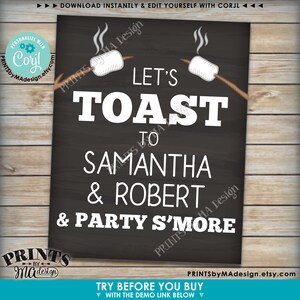 Peut inclure: Affiche imprimable noir et blanc avec le texte "Let's Toast to Samantha & Robert & Party S'more". L'affiche pr&eacute;sente un graphique de deux guimauves sur des b&acirc;tons avec des flammes au-dessus.