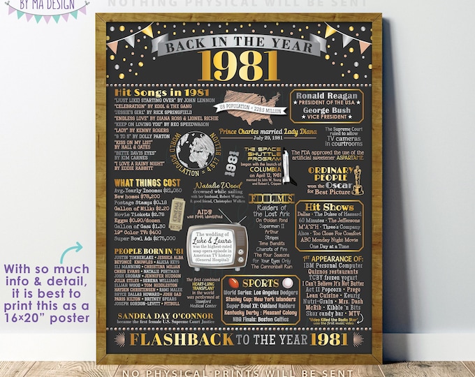 Back in the Year 1981 Poster Board, Remember 1981 Sign, Flashback to 1981 USA History from 1981, PRINTABLE 16x20” Sign <ID>